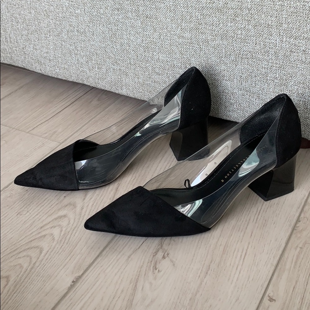 Zara black and vinyl low heels